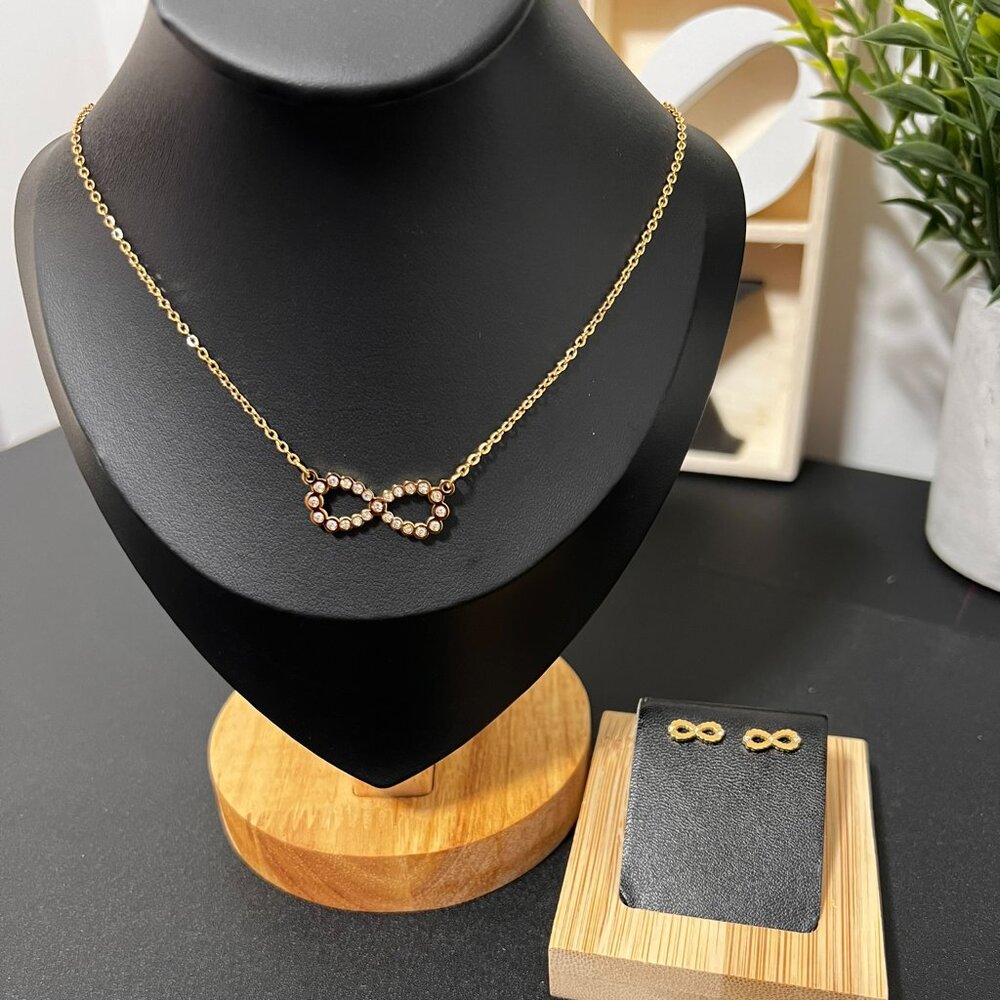 Stainless Steel Gold Tone Infinity Pendant Necklace & Earrings Set